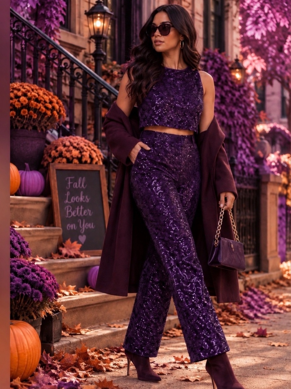 ASOS DESIGN Purple Sequin velvet wide leg high rise sleeveless pants top set LG